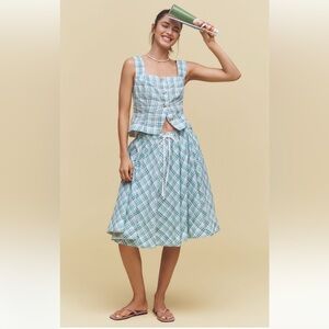 Anthropologie Coquette Plaid Skirt Set Tank + Midi Teal Size M NWT Seersucker